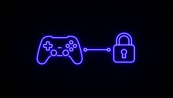 Glowing outline of a games controller linked to a padlock, symbol of a protected gaming account.