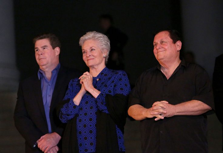 Ralph Garman, Lee Meriwether, Burt Ward at City Hall in Los Angeles on June 15, 2017. (Jesse Grant, Getty Images for DC Entertainment)