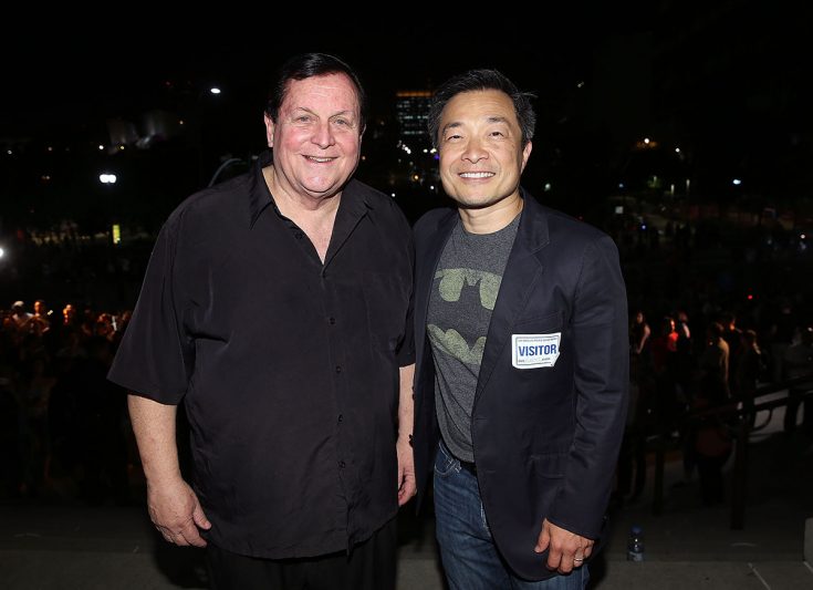 “Batman” TV series star Burt Ward and DC Publisher Jim Lee at a tribute ceremony for Adam West at City Hall in Los Angeles on June 15, 2017. (Jesse Grant, Getty Images for DC Entertainment)